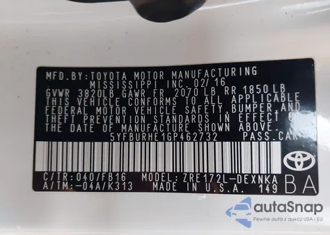 2016 Toyota Corolla Le from USA, damaged, VIN 5YFBURHE1GP462732